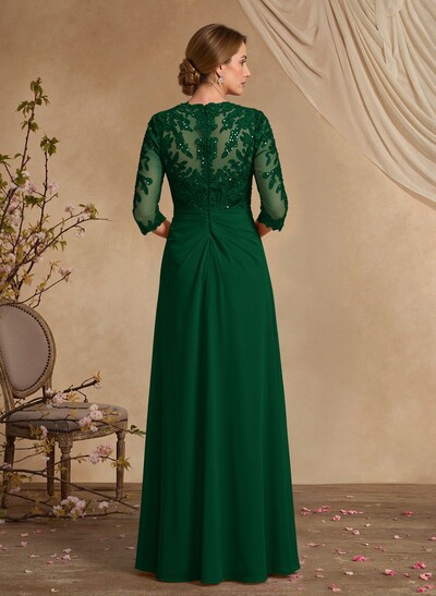 A-Line Square Neckline 3/4 Sleeves Floor-Length Chiffon Mother Of The Bride Dresses