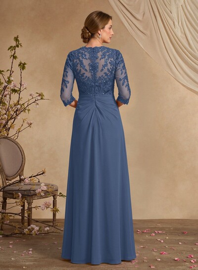 A-Line Square Neckline 3/4 Sleeves Floor-Length Chiffon Mother Of The Bride Dresses