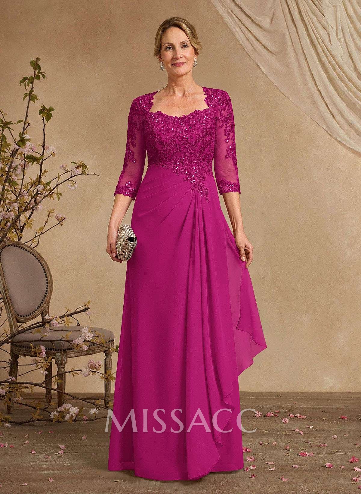 A-Line Square Neckline 3/4 Sleeves Floor-Length Chiffon Mother Of The Bride Dresses A-Line Square Neckline 3/4 Sleeves Floor-Length Chiffon Mother Of The Bride Dresses