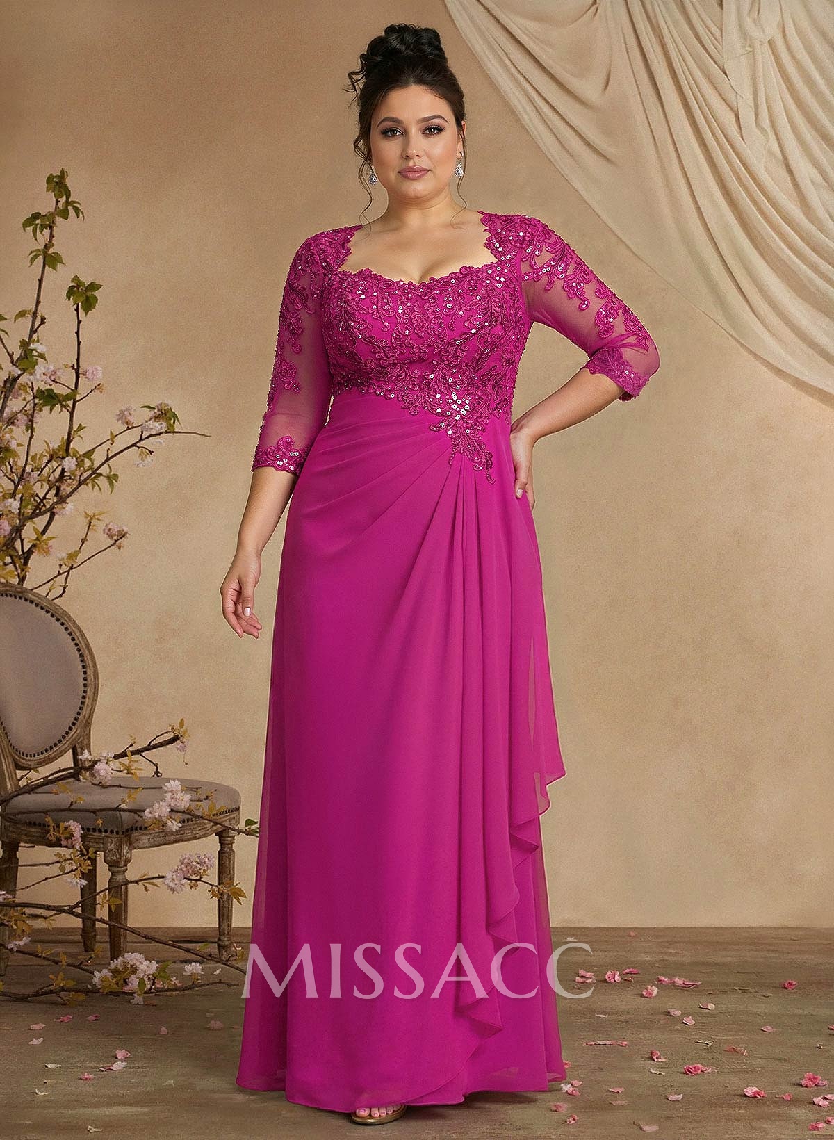 A-Line Square Neckline 3/4 Sleeves Floor-Length Chiffon Mother Of The Bride Dresses A-Line Square Neckline 3/4 Sleeves Floor-Length Chiffon Mother Of The Bride Dresses