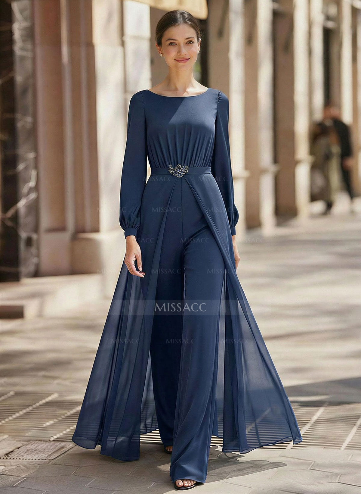 Jumpsuit/Pantsuit Scoop Neck Long Sleeves Floor-Length Chiffon Mother Of The Bride Dresses