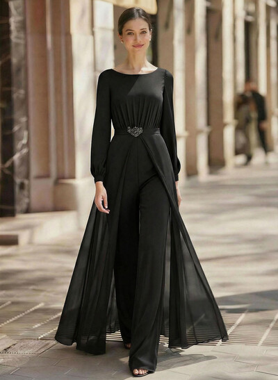 Jumpsuit/Pantsuit Scoop Neck Long Sleeves Floor-Length Chiffon Mother Of The Bride Dresses
