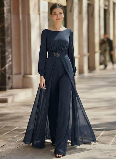 Jumpsuit/Pantsuit Scoop Neck Long Sleeves Floor-Length Chiffon Mother Of The Bride Dresses
