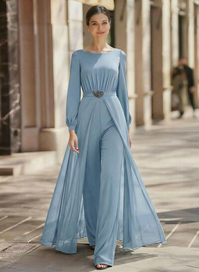 Jumpsuit/Pantsuit Scoop Neck Long Sleeves Floor-Length Chiffon Mother Of The Bride Dresses