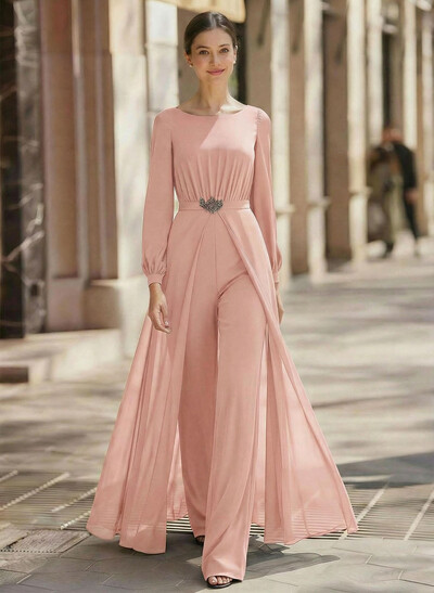 Jumpsuit/Pantsuit Scoop Neck Long Sleeves Floor-Length Chiffon Mother Of The Bride Dresses