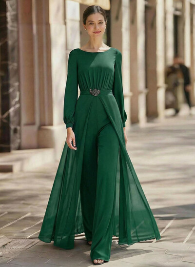 Jumpsuit/Pantsuit Scoop Neck Long Sleeves Floor-Length Chiffon Mother Of The Bride Dresses