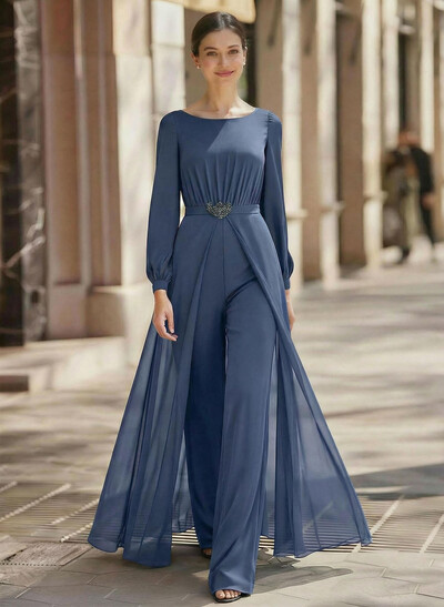 Jumpsuit/Pantsuit Scoop Neck Long Sleeves Floor-Length Chiffon Mother Of The Bride Dresses