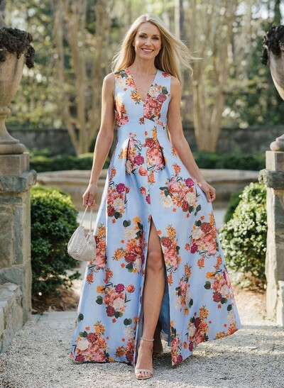 A-Line Plunge Neck Sleeveless Floor-Length Satin Mother Of The Bride Dresses With High Split