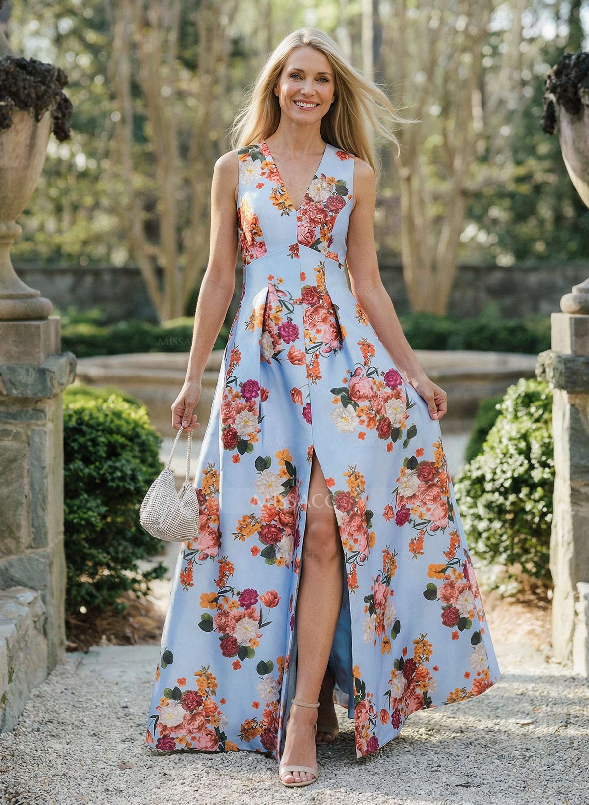 A-Line Plunge Neck Sleeveless Floor-Length Satin Mother Of The Bride Dresses With High Split