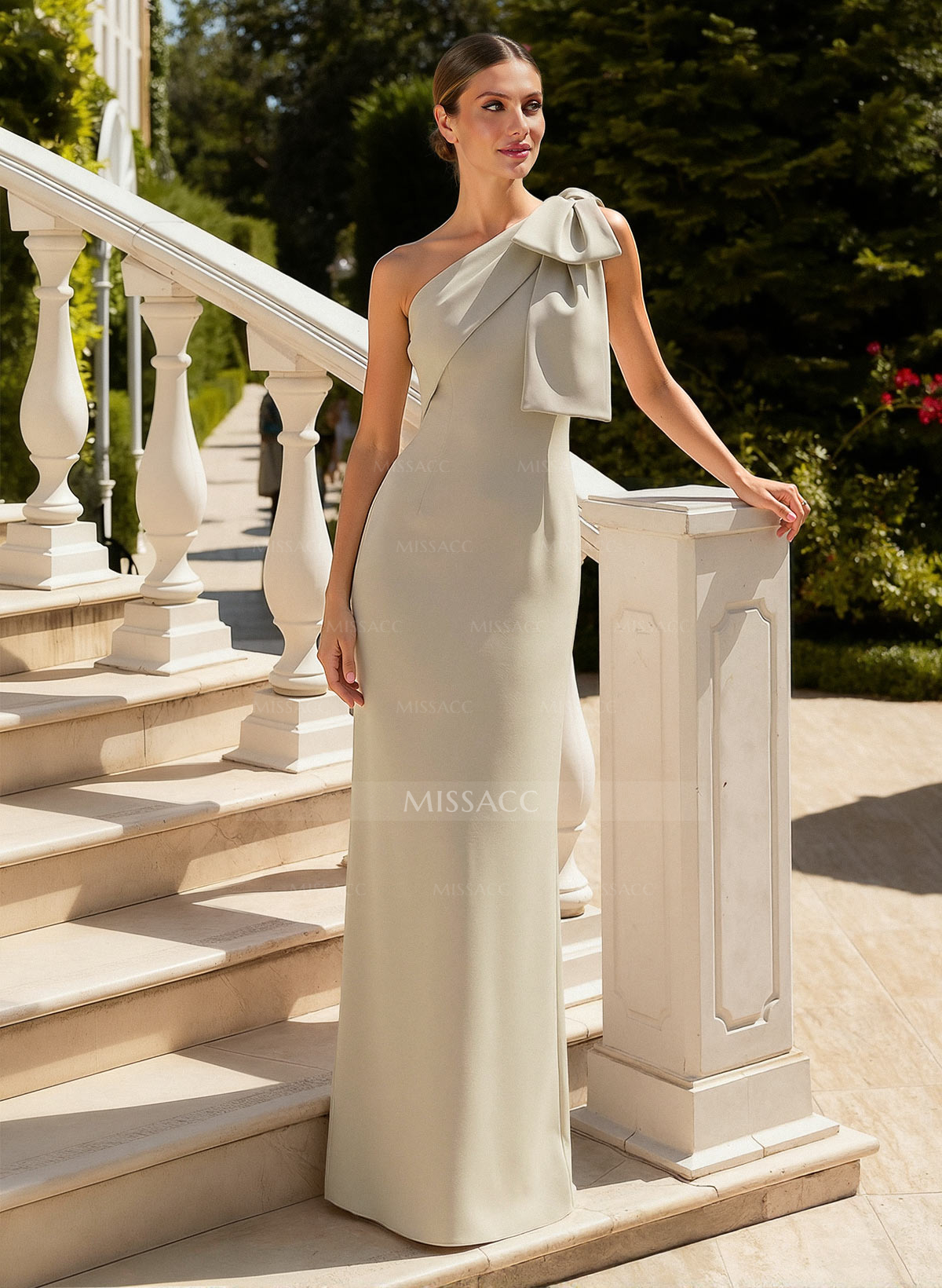 Sheath/Column One-Shoulder Floor-Length Elastic Satin Mother Of The Bride Dresses With Bow(s)/Back Slit