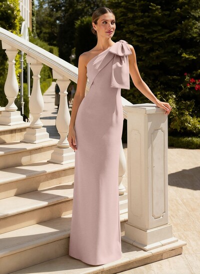 Sheath/Column One-Shoulder Floor-Length Elastic Satin Mother Of The Bride Dresses With Bow(s)/Back Slit