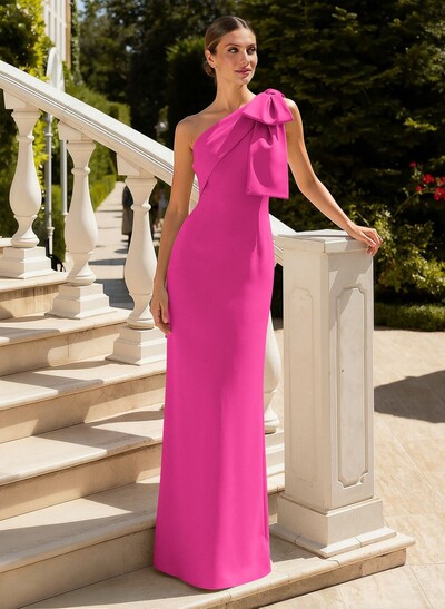 Sheath/Column One-Shoulder Floor-Length Elastic Satin Mother Of The Bride Dresses With Bow(s)/Back Slit