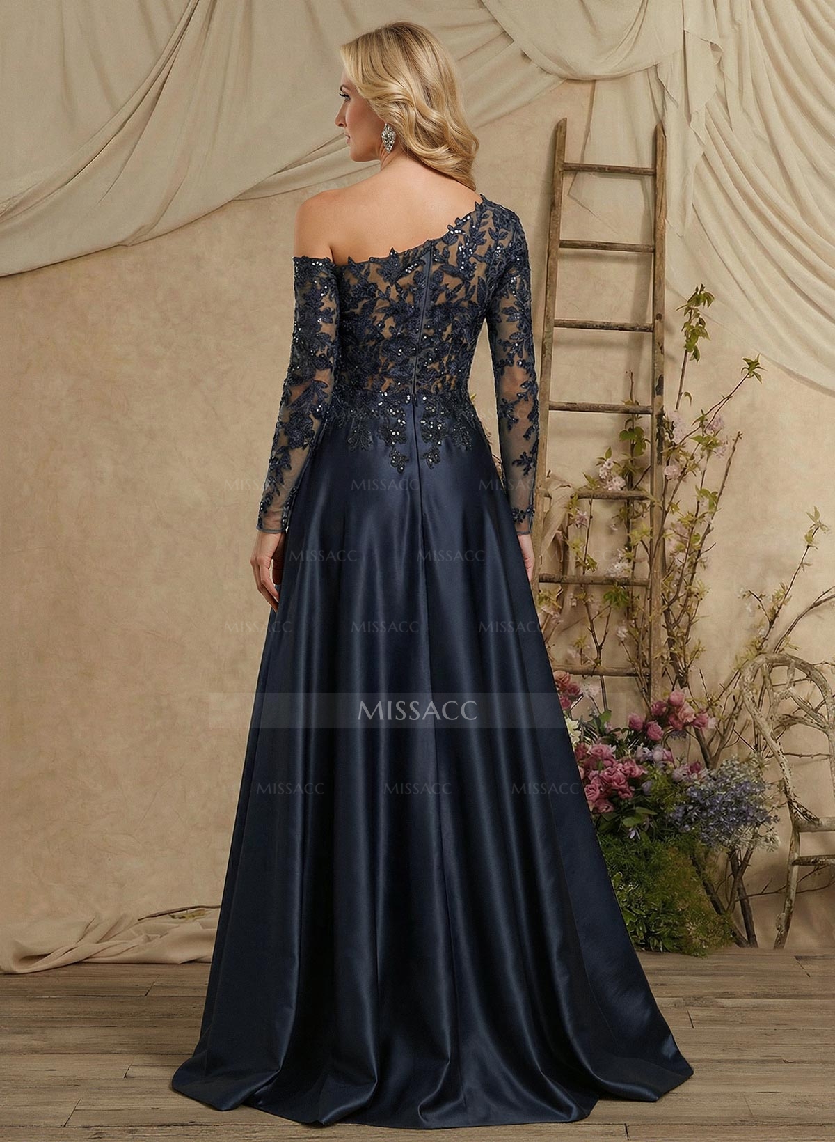 A-Line Asymmetrical Long Sleeves Floor-Length Lace/Satin Mother Of The Bride Dresses With High Split