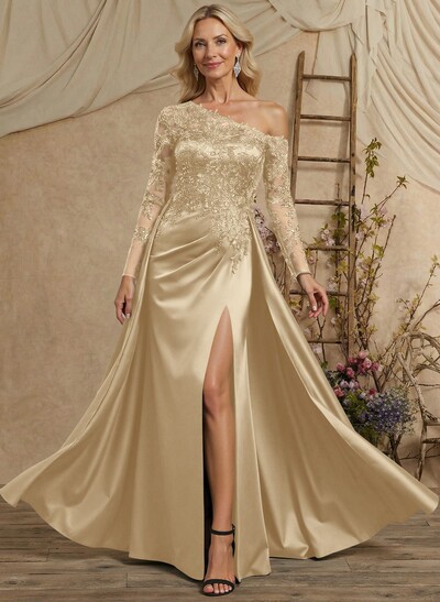 A-Line Asymmetrical Long Sleeves Floor-Length Lace/Satin Mother Of The Bride Dresses With High Split