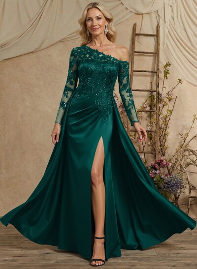 A-Line Asymmetrical Long Sleeves Floor-Length Lace/Satin Mother Of The Bride Dresses With High Split