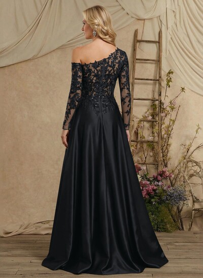 A-Line Asymmetrical Long Sleeves Floor-Length Lace/Satin Mother Of The Bride Dresses With High Split