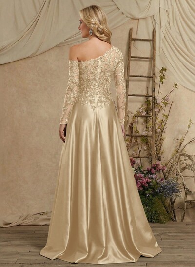A-Line Asymmetrical Long Sleeves Floor-Length Lace/Satin Mother Of The Bride Dresses With High Split