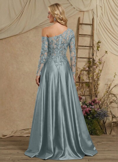 A-Line Asymmetrical Long Sleeves Floor-Length Lace/Satin Mother Of The Bride Dresses With High Split