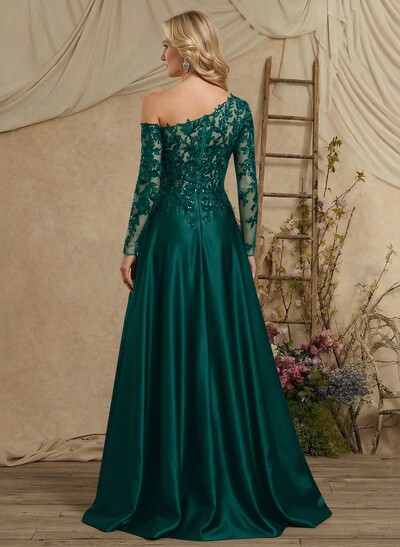 A-Line Asymmetrical Long Sleeves Floor-Length Lace/Satin Mother Of The Bride Dresses With High Split