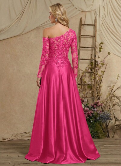 A-Line Asymmetrical Long Sleeves Floor-Length Lace/Satin Mother Of The Bride Dresses With High Split