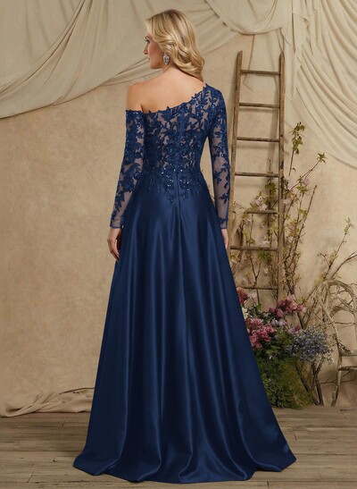 A-Line Asymmetrical Long Sleeves Floor-Length Lace/Satin Mother Of The Bride Dresses With High Split