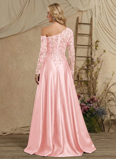 A-Line Asymmetrical Long Sleeves Floor-Length Lace/Satin Mother Of The Bride Dresses With High Split