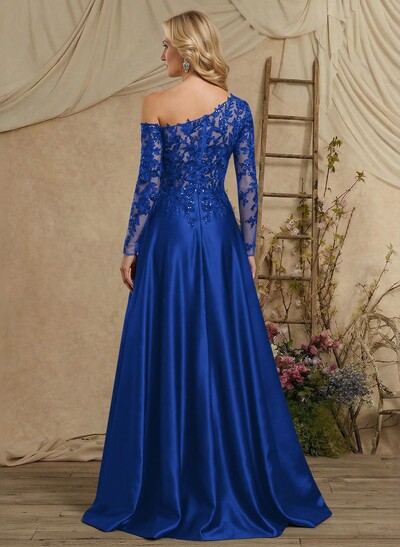 A-Line Asymmetrical Long Sleeves Floor-Length Lace/Satin Mother Of The Bride Dresses With High Split