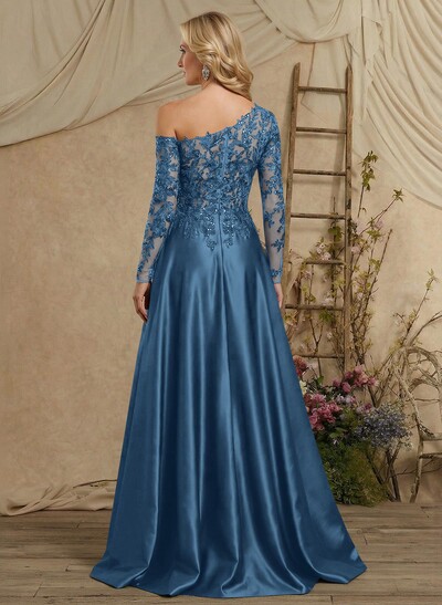 A-Line Asymmetrical Long Sleeves Floor-Length Lace/Satin Mother Of The Bride Dresses With High Split
