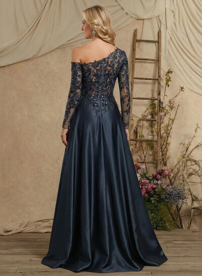 A-Line Asymmetrical Long Sleeves Floor-Length Lace/Satin Mother Of The Bride Dresses With High Split