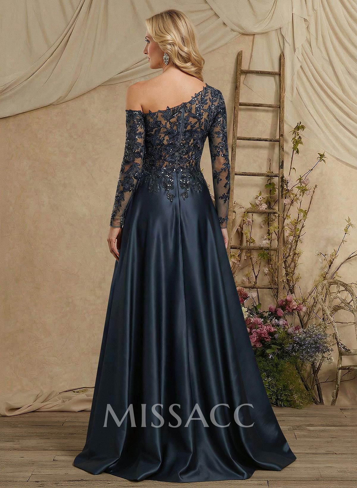 A-Line Asymmetrical Long Sleeves Floor-Length Lace/Satin Mother Of The Bride Dresses With High Split