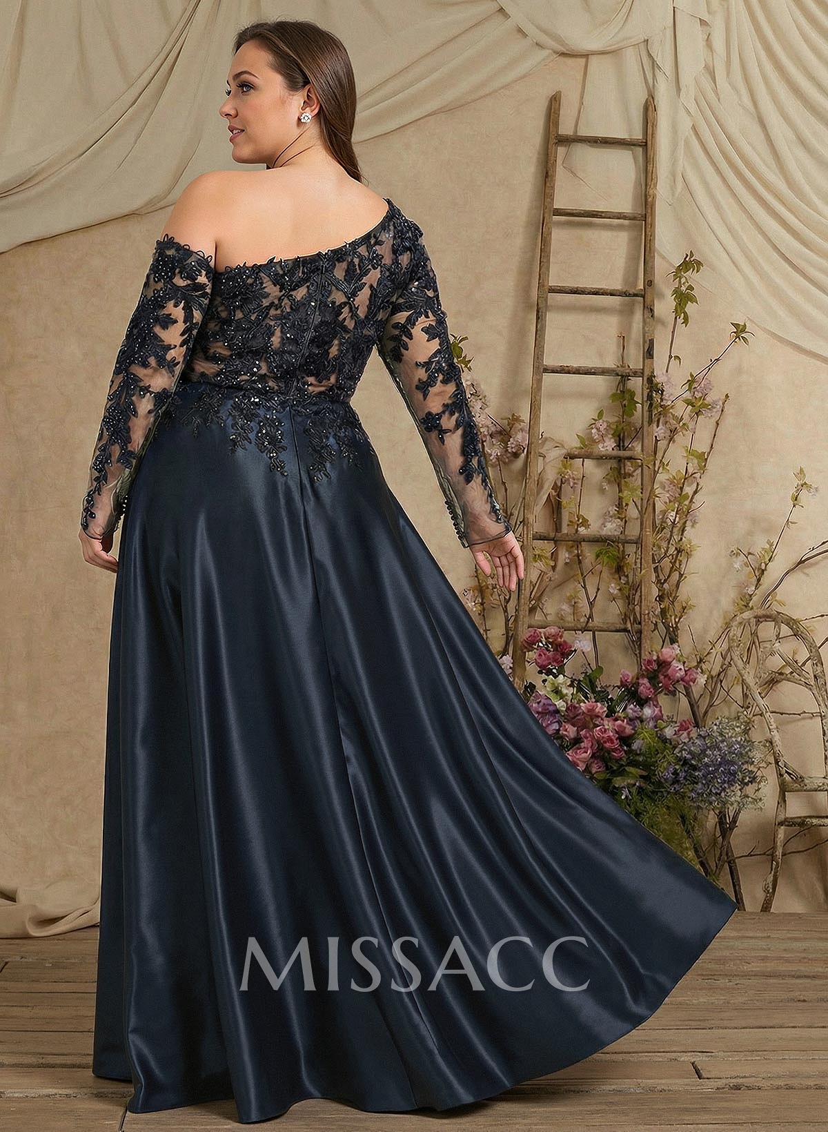 A-Line Asymmetrical Long Sleeves Floor-Length Lace/Satin Mother Of The Bride Dresses With High Split