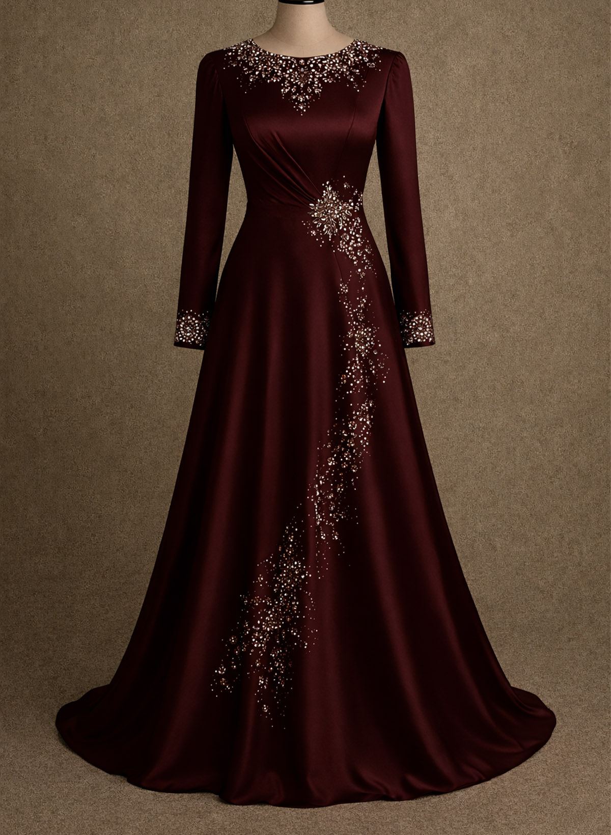 A-Line Scoop Neck Long Sleeves Floor-Length Soft Satin Mother Of The Bride Dresses With Rhinestone