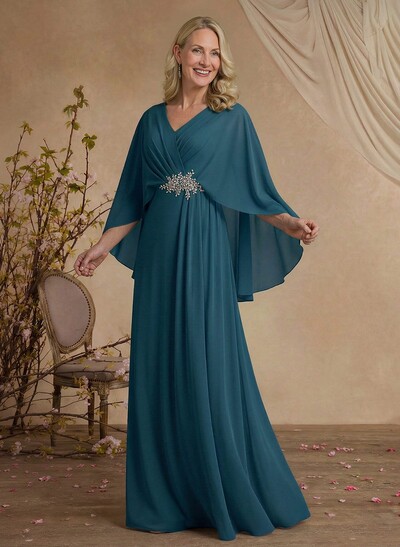 A-Line V-Neck Cape Sleeves Floor-Length Chiffon Mother Of The Bride Dresses With Rhinestone