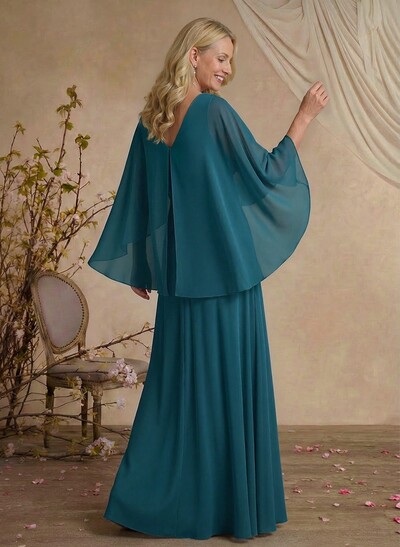 A-Line V-Neck Cape Sleeves Floor-Length Chiffon Mother Of The Bride Dresses With Rhinestone