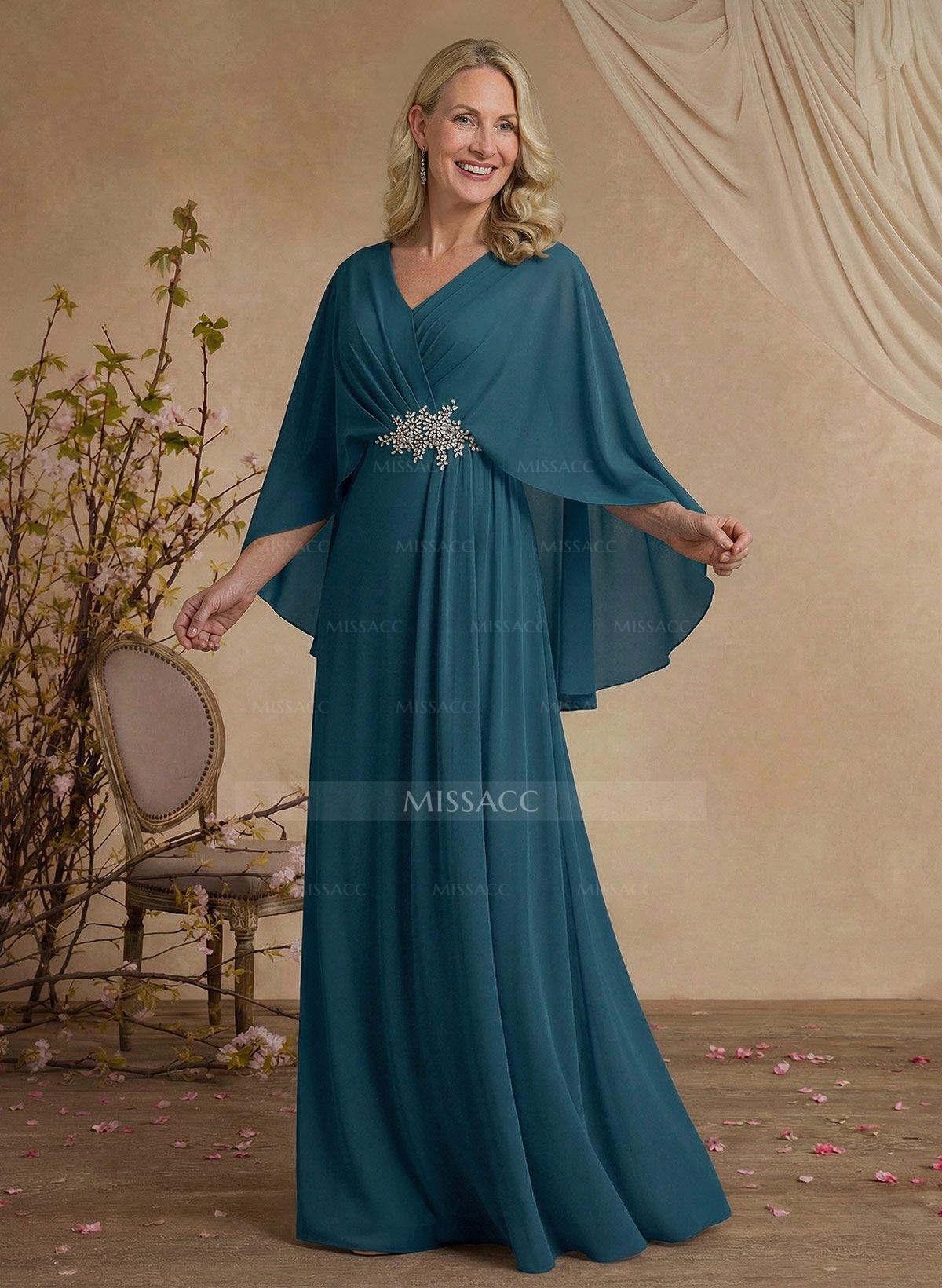 A-Line V-Neck Cape Sleeves Floor-Length Chiffon Mother Of The Bride Dresses With Rhinestone