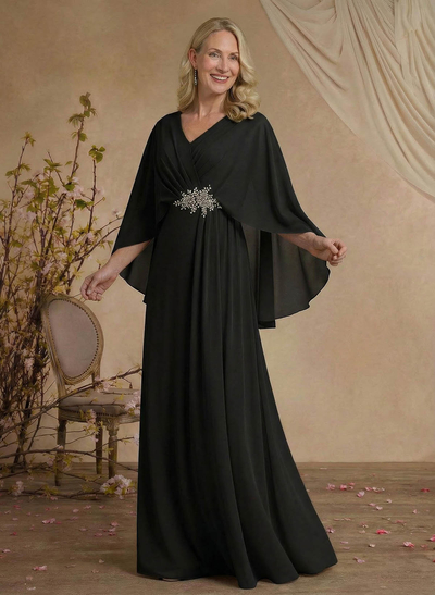 A-Line V-Neck Cape Sleeves Floor-Length Chiffon Mother Of The Bride Dresses With Rhinestone