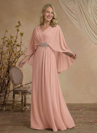 A-Line V-Neck Cape Sleeves Floor-Length Chiffon Mother Of The Bride Dresses With Rhinestone
