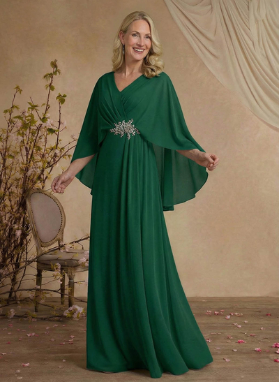 A-Line V-Neck Cape Sleeves Floor-Length Chiffon Mother Of The Bride Dresses With Rhinestone