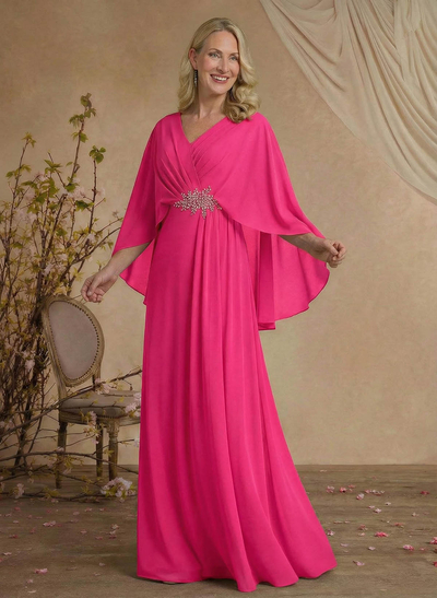 A-Line V-Neck Cape Sleeves Floor-Length Chiffon Mother Of The Bride Dresses With Rhinestone