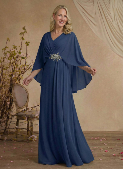 A-Line V-Neck Cape Sleeves Floor-Length Chiffon Mother Of The Bride Dresses With Rhinestone