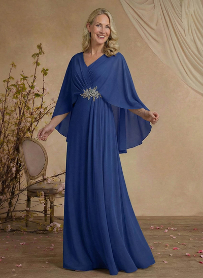 A-Line V-Neck Cape Sleeves Floor-Length Chiffon Mother Of The Bride Dresses With Rhinestone