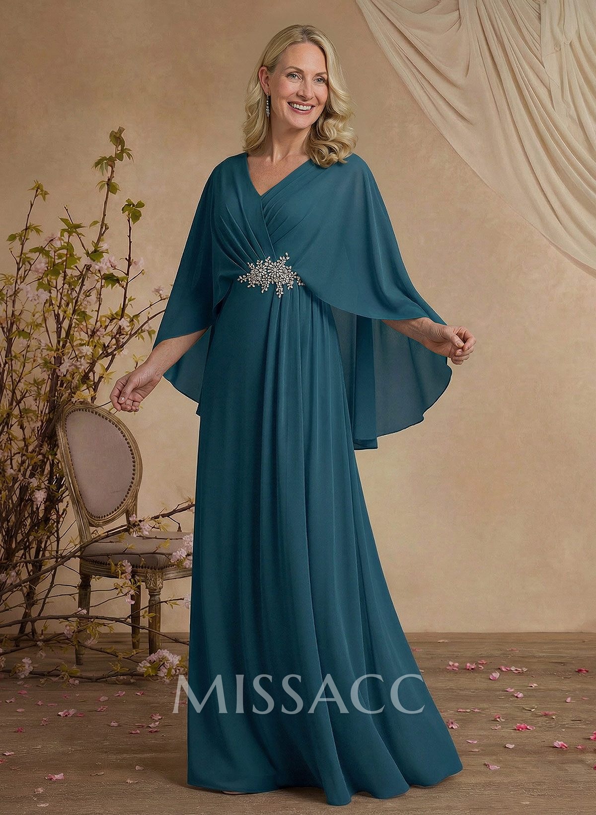 A-Line V-Neck Cape Sleeves Floor-Length Chiffon Mother Of The Bride Dresses With Rhinestone A-Line V-Neck Cape Sleeves Floor-Length Chiffon Mother Of The Bride Dresses With Rhinestone