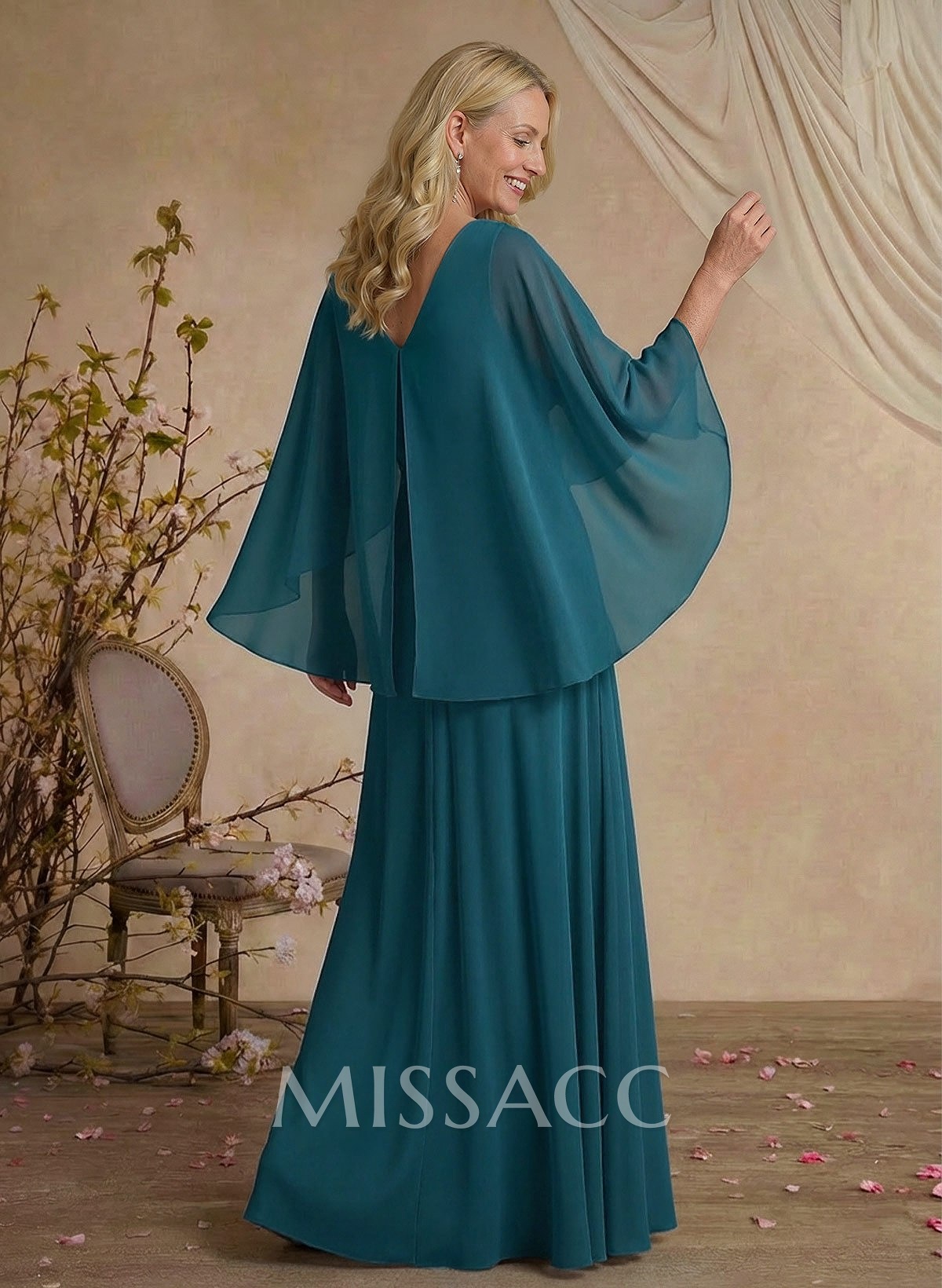 A-Line V-Neck Cape Sleeves Floor-Length Chiffon Mother Of The Bride Dresses With Rhinestone A-Line V-Neck Cape Sleeves Floor-Length Chiffon Mother Of The Bride Dresses With Rhinestone