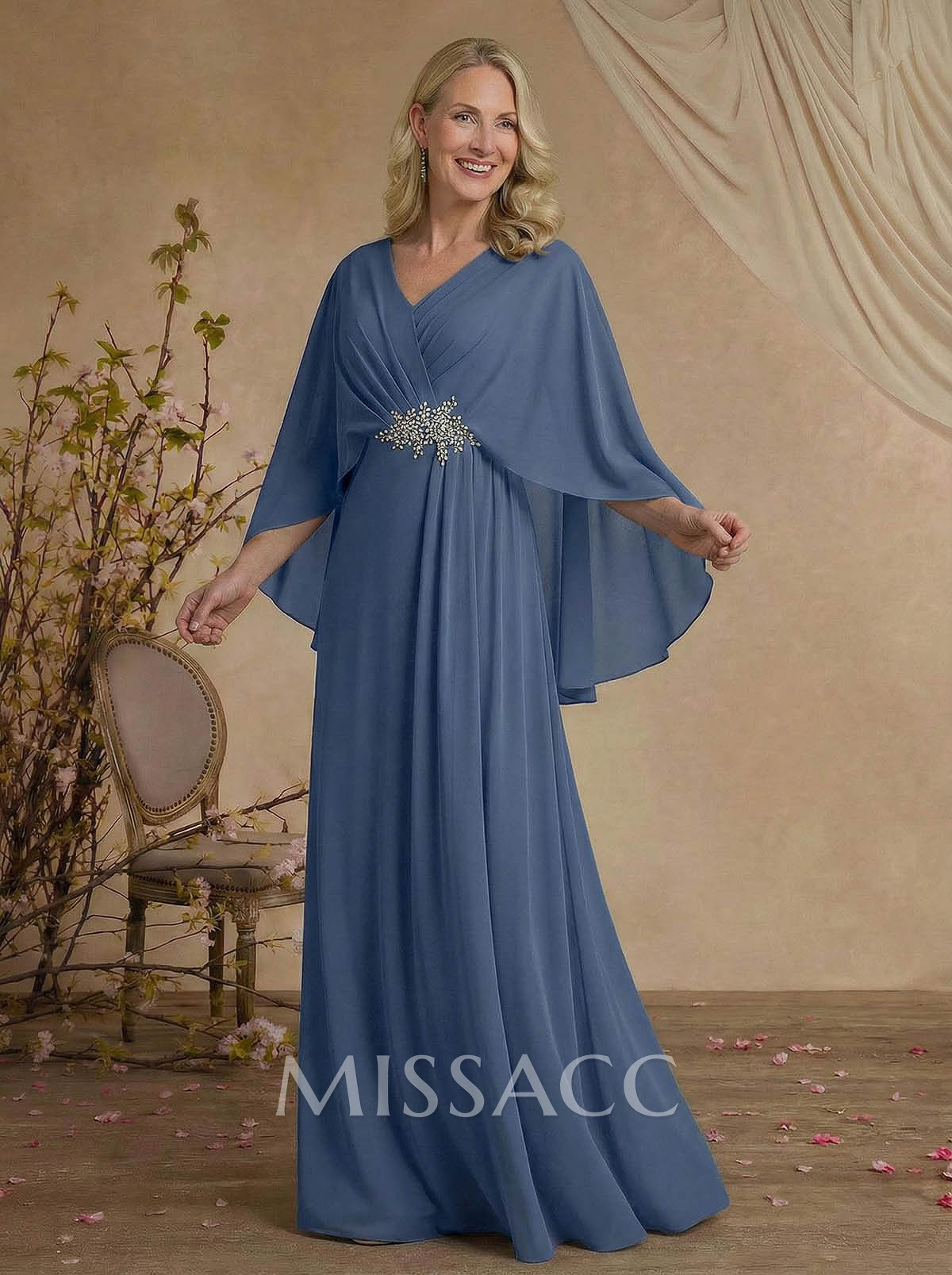 A-Line V-Neck Cape Sleeves Floor-Length Chiffon Mother Of The Bride Dresses With Rhinestone