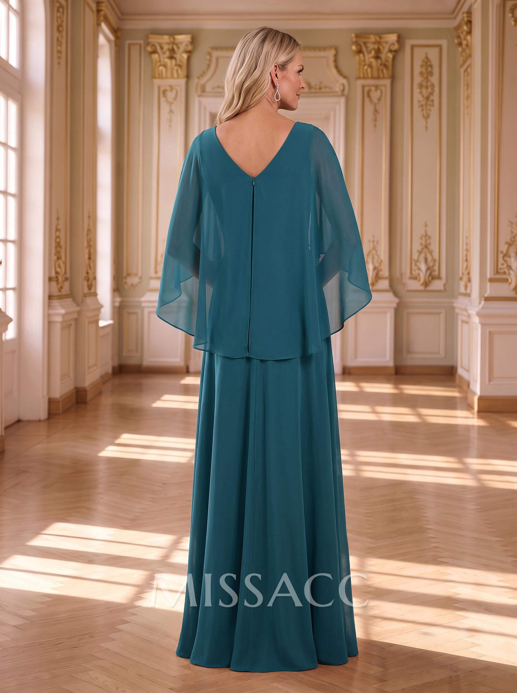 A-Line V-Neck Cape Sleeves Floor-Length Chiffon Mother Of The Bride Dresses With Rhinestone