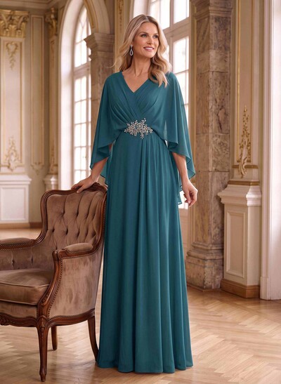 A-Line V-Neck Cape Sleeves Floor-Length Chiffon Mother Of The Bride Dresses With Rhinestone