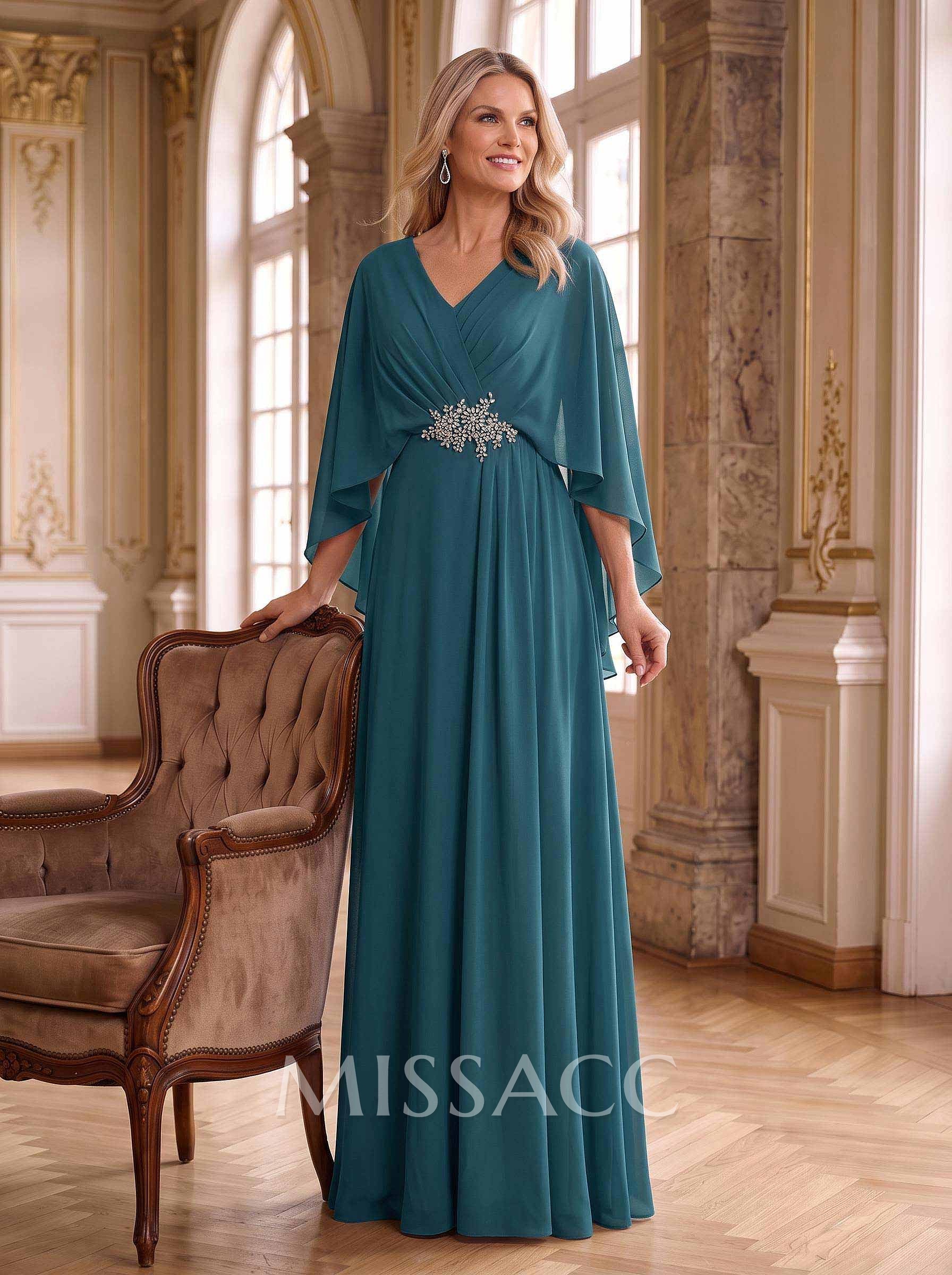 A-Line V-Neck Cape Sleeves Floor-Length Chiffon Mother Of The Bride Dresses With Rhinestone