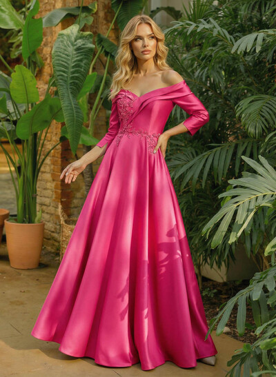 A-Line Off-The-Shoulder 3/4 Sleeves Floor-Length Satin Mother Of The Bride Dresses With Pockets Lace Rhinestone Flower(s)