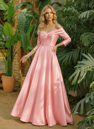 A-Line Off-The-Shoulder 3/4 Sleeves Floor-Length Satin Mother Of The Bride Dresses With Pockets Lace Rhinestone Flower(s)