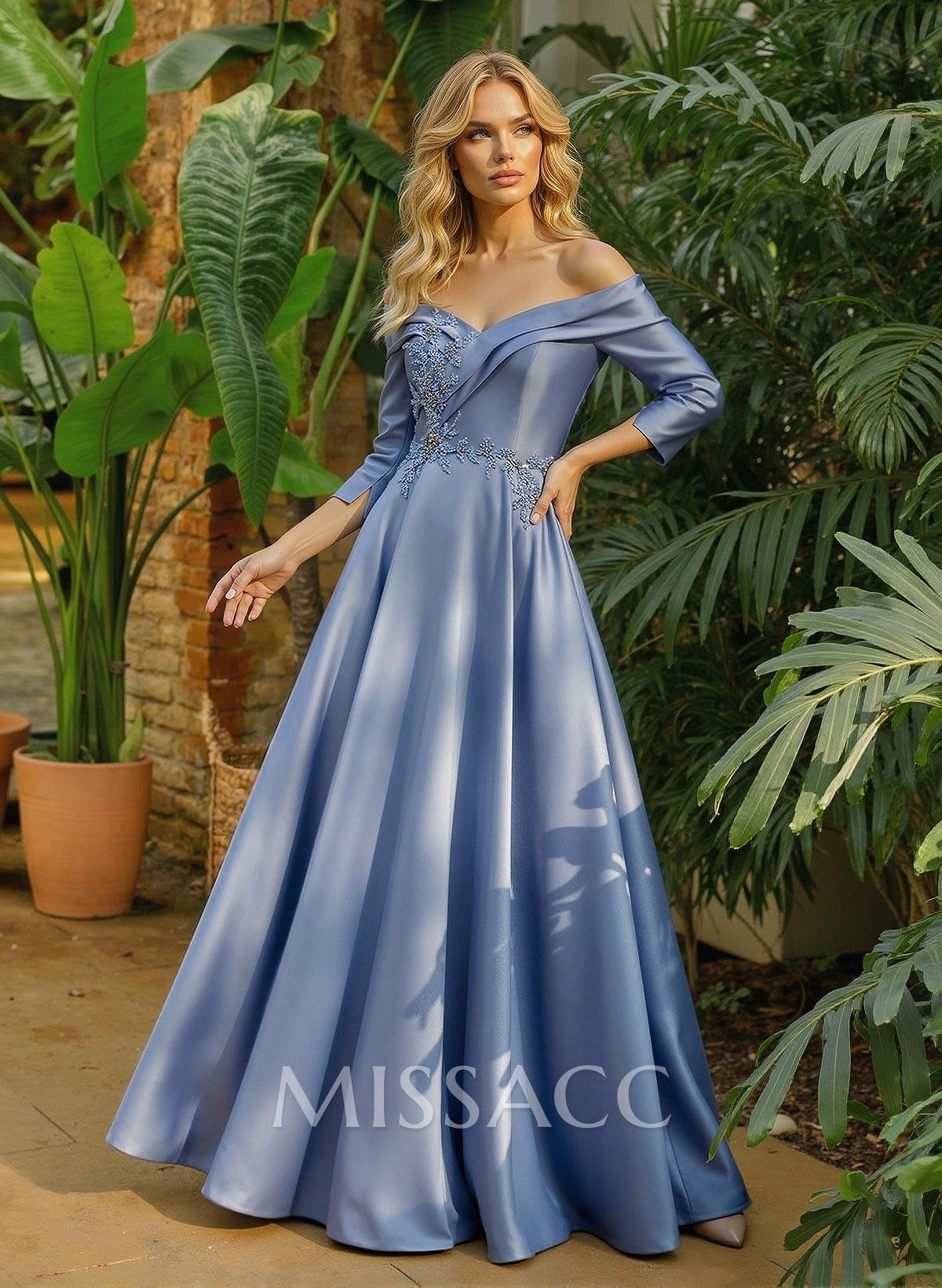 A-Line Off-The-Shoulder 3/4 Sleeves Floor-Length Satin Mother Of The Bride Dresses With Pockets Lace Rhinestone Flower(s) A-Line Off-The-Shoulder 3/4 Sleeves Floor-Length Satin Mother Of The Bride Dresses With Pockets Lace Rhinestone Flower(s)